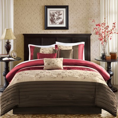 California King Red and Taupe 7-Piece Embroidered Comforter Set