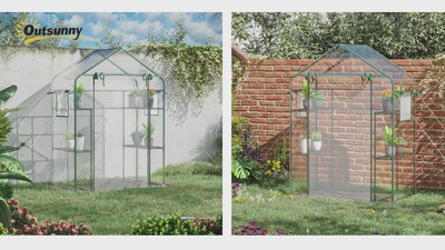 Clear and Green Walk-In Greenhouse with Shelving and Roll-Up Door