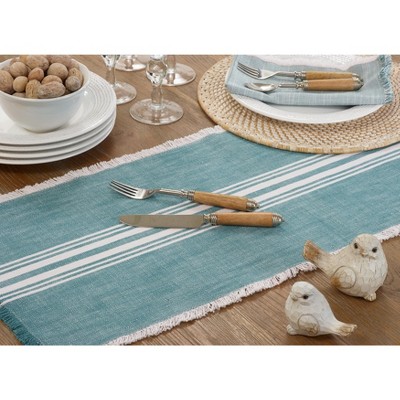 Turquoise Cotton Striped Fringe Table Runner