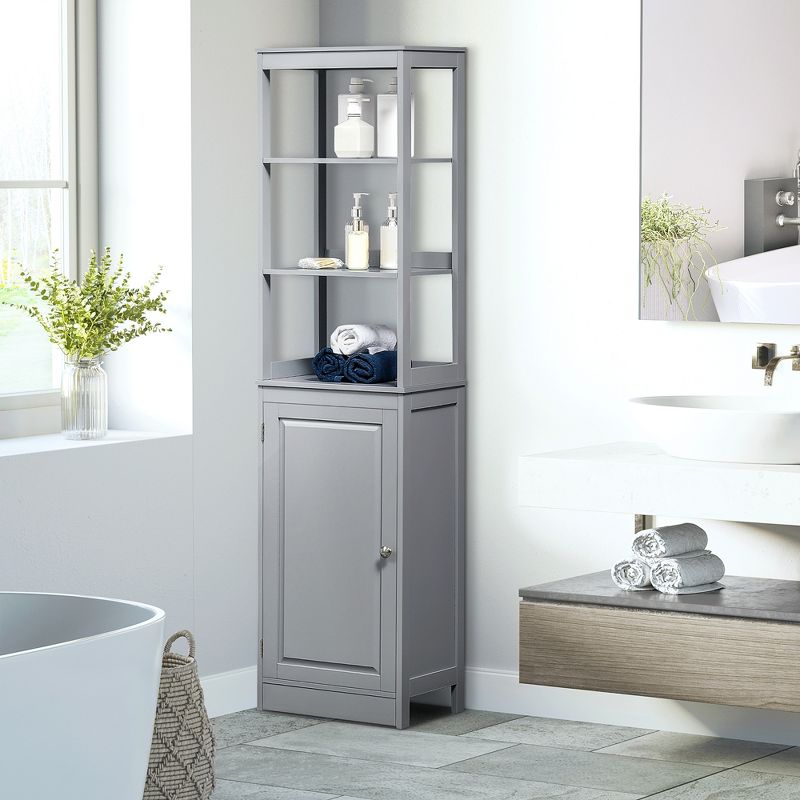 kleankin Tall Bathroom Storage Cabinet, Freestanding Linen Tower with 3-Tier Open Shelf and Cupboard, Slim Floor Organizer, 4 of 9