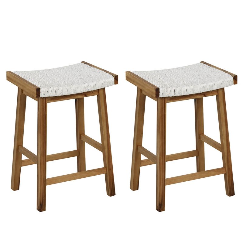 Costway 25.5'' Dining Saddle Stool Set of 2 Counter Height Seaweed Woven Seat Solid Wood, 1 of 8