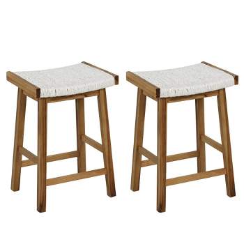 Costway 25.5'' Dining Saddle Stool Set of 2 Counter Height Seaweed Woven Seat Solid Wood