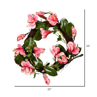 22" Dark Pink Magnolia Artificial Floral Spring Wreath