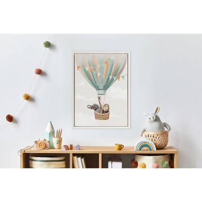Whimsical Zoo Animals in Hot Air Balloon Framed Canvas Art, 18x24, White
