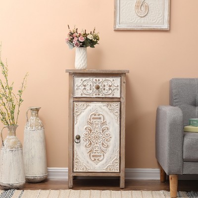 Rustic Floral Carved Wood and Metal End Table with Storage