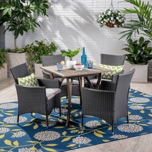 Christopher Knight Home Tyson Outdoor Acacia Wood and Wicker 5 Piece Dining Set with Cushions - 1 of 4