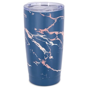 Elanze Designs 20 oz Stainless Steel On the Go Insulated Travel Tumbler With Push Top Lid, Blush Pink Marble Print Blue - 1 of 4