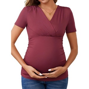 INSPIRE CHIC Women's Summer Nursing Blouse V Neck Short Sleeve Maternity Ruched Tops - 1 of 4