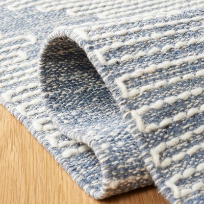 Blue and Ivory Flat Woven Wool Cotton 8' x 10' Rug