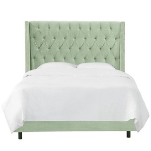 Queen Nail Button Tufted Wingback Bed in Lulu Sage Green - Skyline Furniture
