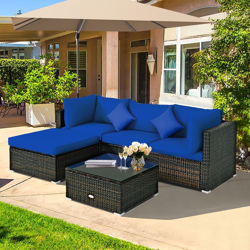 Costway 5PCS Outdoor Patio Rattan Furniture Set Sectional Conversation Turquoise\Navy\Black Cushion, 3 of 11