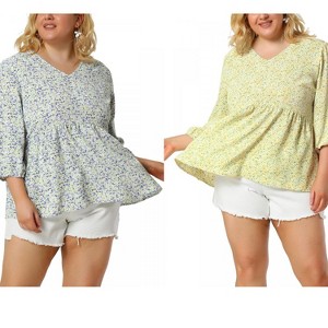 Women's Plus Size 2 Pieces V Neck Babydoll 3/4 Sleeve Pleat Floral Flowy Blouses - Agnes Orinda - 1 of 4