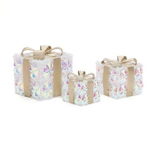 LuxenHome 3-Piece Prism Gift Boxes with Gold Ribbon Holiday Decoration with Lights Multicolored, Gold, White - 1 of 4