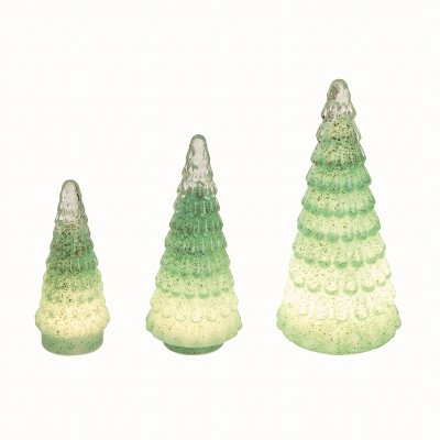 Transpac Glass Green Christmas Light Up Trees Set of 3