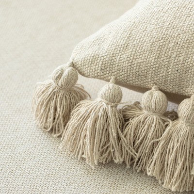 Handwoven Natural Cotton Throw Pillow with Tassels, 17"