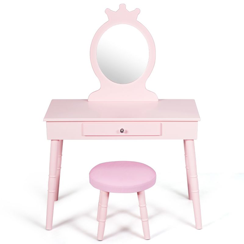 Tangkula Kids Princess Vanity Table Set w/ Chair Crown Mirror White/Pink, 5 of 8