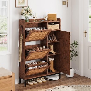 Rattan Shoe Cabinet with 3 Flip Drawers and 4-Tier Shoe Storage Cabinet, Shoe Organizer with Adjustable Shelves for Entryway, Closet, Hallway - 1 of 4
