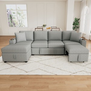 Chenille Upholstered U-Shaped Sectional Sofa, Convertible Pull-Out Sofa Bed with USB Ports & Cup Holders for Living Room - ModernLuxe - 1 of 4