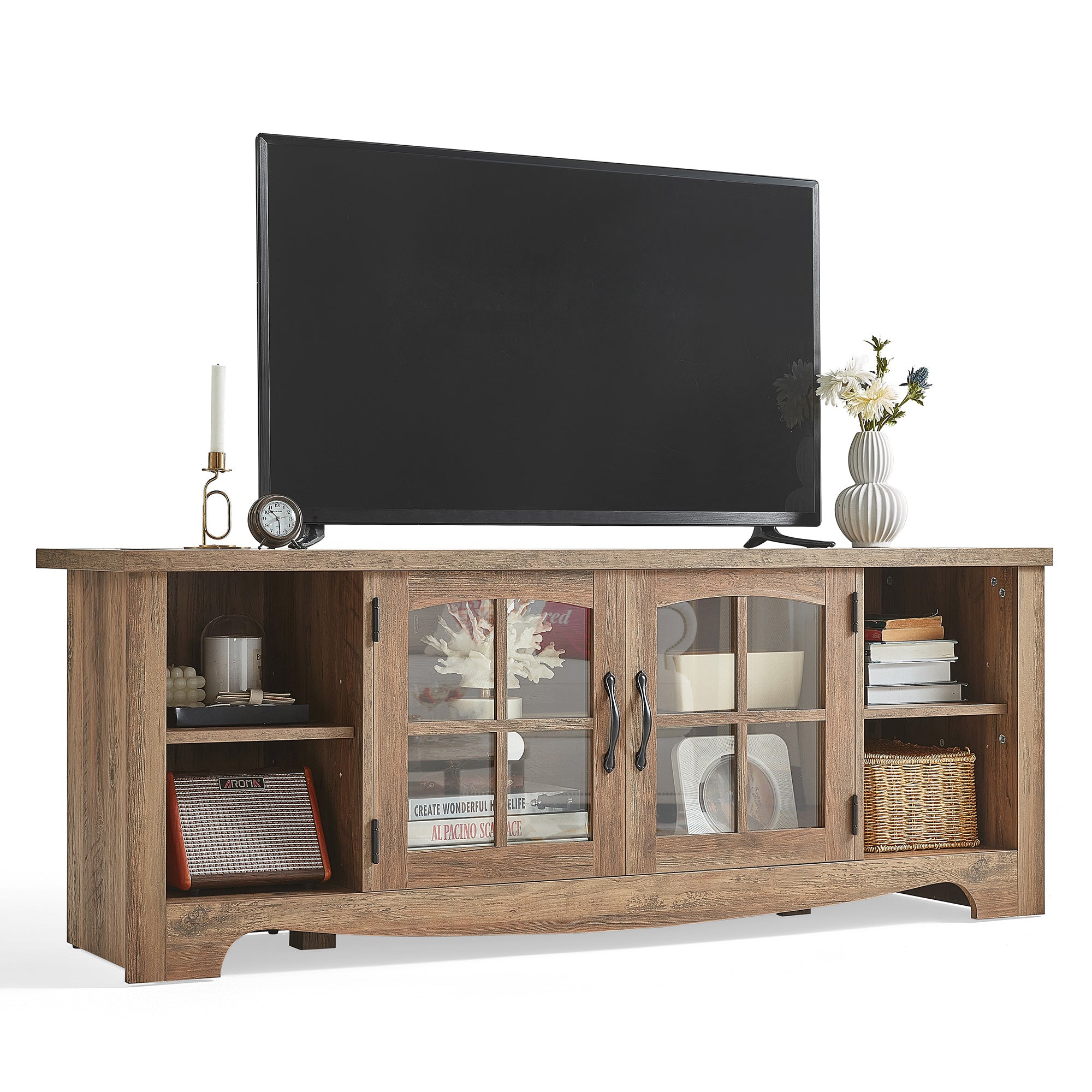 Farmhouse TV Stand for 65 Inch TV, Wood Entertainment Center with Glass Door Storage Cabinet, Large TV Console Table for Living Room, Brown, 58"