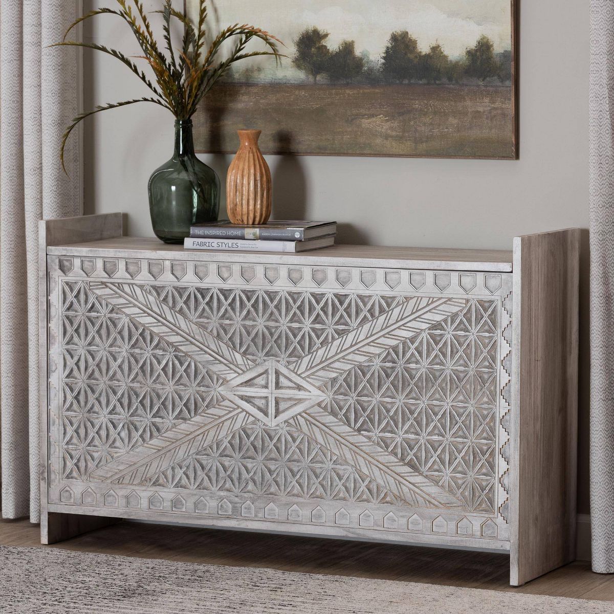 bali & pari Amado Wood Storage Trunk with Carved Front Panel White Wash - thumbnail 6