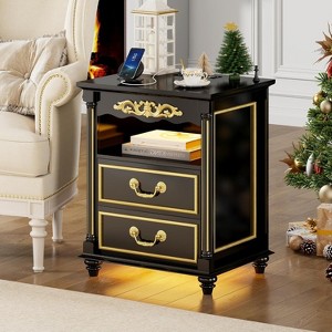 Vlsrka Charging Nightstand with USB & Type-C Ports, Retro Bedside Table with Human Sensor Light, Open Compartment and 2 Drawers Rustic Wood - 1 of 3