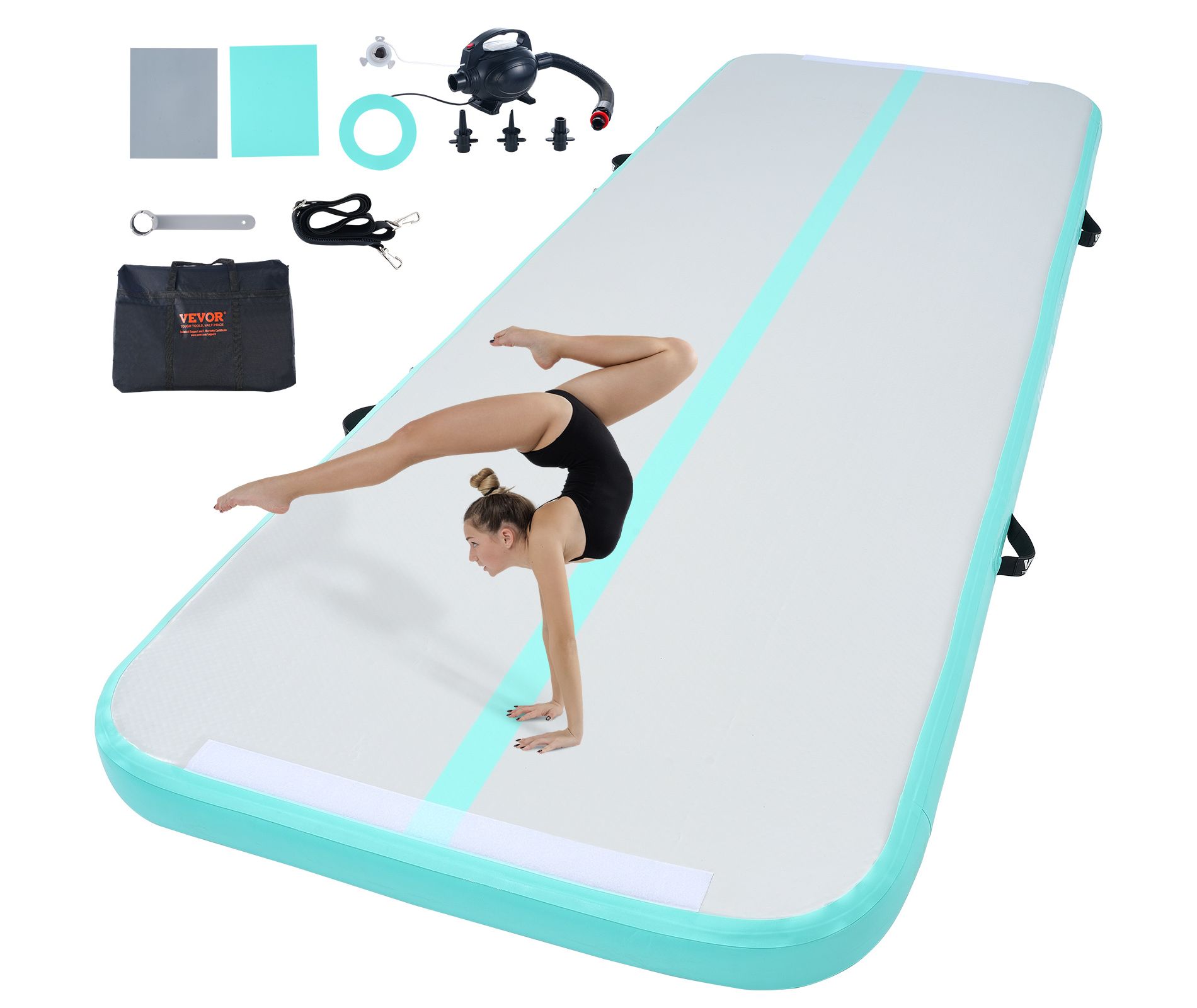 VEVOR Gymnastics Air Mat, 4 inch Thickness Inflatable Gymnastics Tumbling Mat, Tumble Track with Electric Pump, Training Mats 10 ft, Mint Green