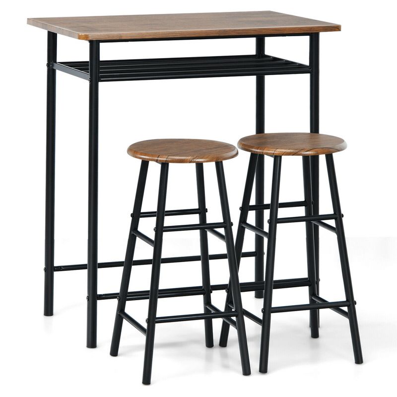 Costway 3 Pieces Bar Table Set Counter Height Dining Pub Table w/ 2 Stools, 1 of 11