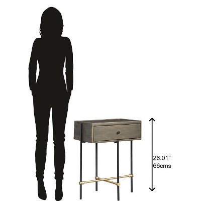 Brown Acacia and Iron Rectangular Side Table with Drawer