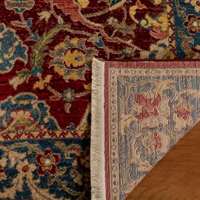 Red and Blue Floral Synthetic Rectangular Area Rug
