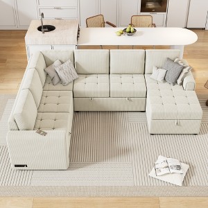 107.5"W U-shaped Sectional Sofa Couch, Pull-out Sofa Bed with a Storage Chaise Lounge and Charging Devices 4S -ModernLuxe - 1 of 4