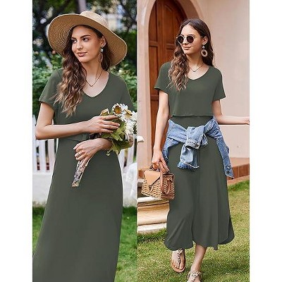 Женское платье Ekouaer Nursing Dress Summer V Neck Short Sleeve Maternity Split Long Dresses for Breastfeeding with Pockets Green — фото 2