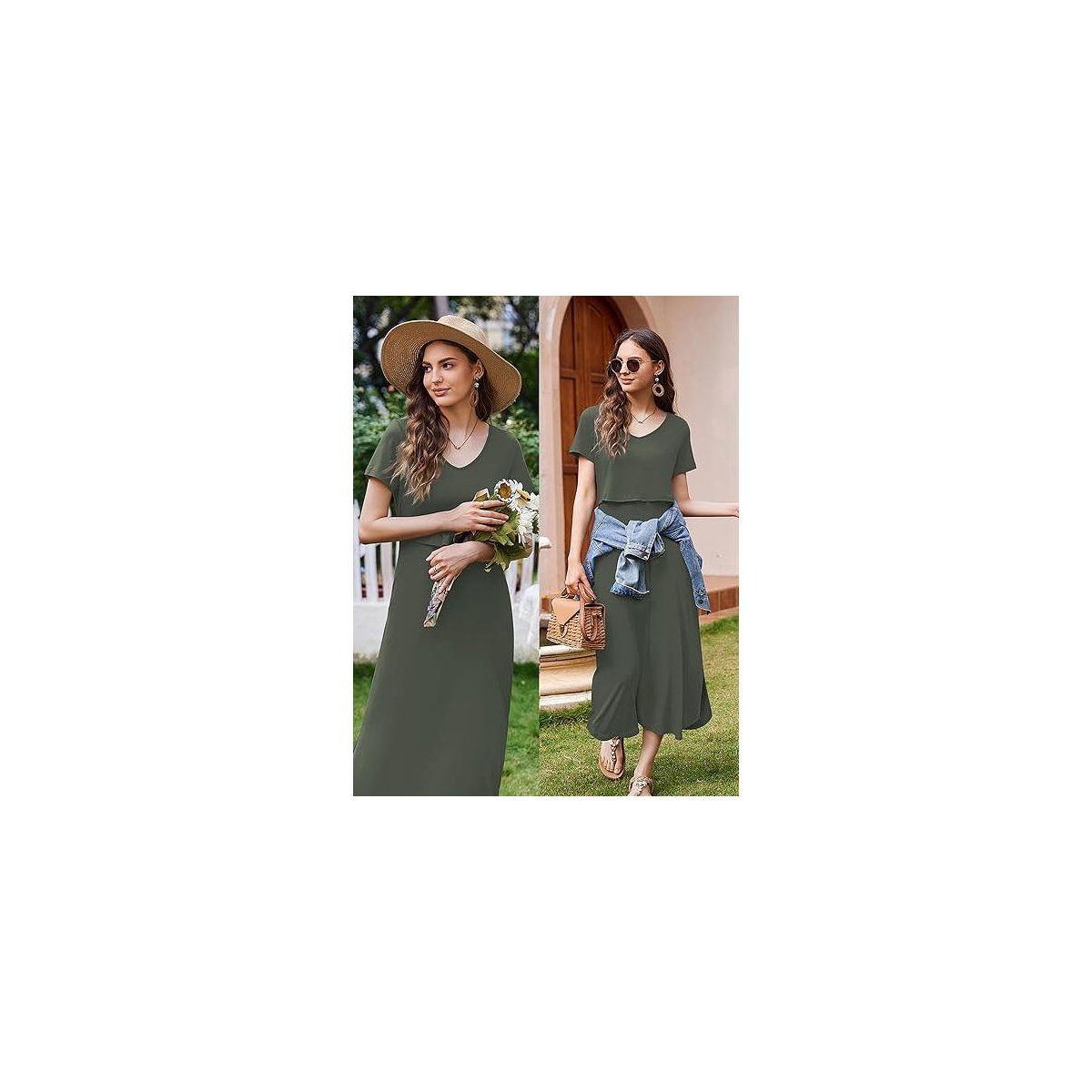 Женские платья Ekouaer Women's Nursing Dress Summer V Neck Short Sleeve Maternity Split Long Dresses for Breastfeeding with Pockets Green L — фото 2