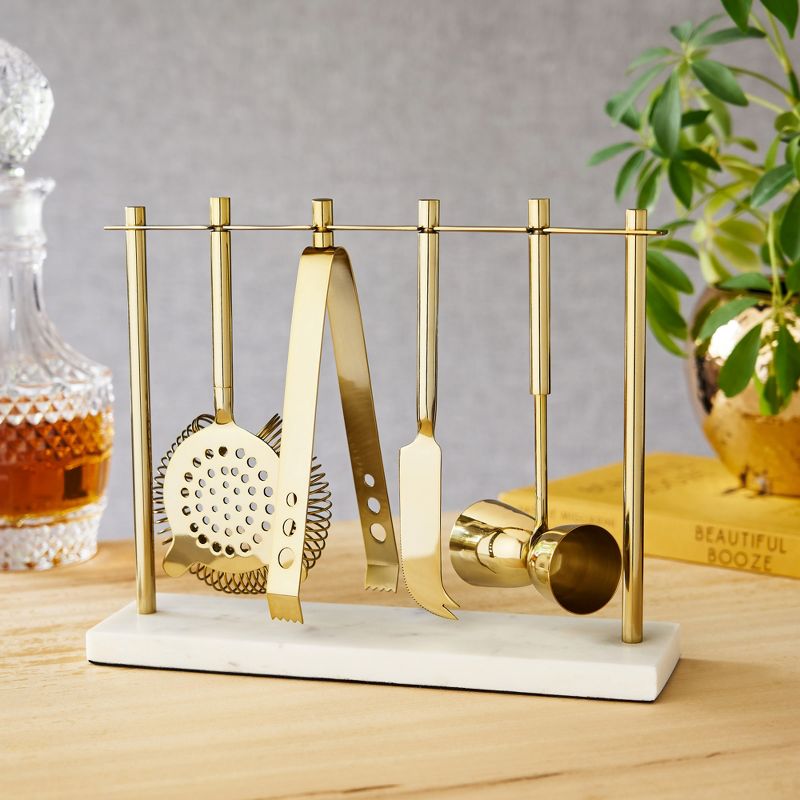 Twine Gold Barware Set, Hawthorne Strainer, Citrus Knife, Ice Tongs, Double Jigger, Marble Stand, Stainless Steel with Gold Finish, Set of 4, 2 of 6