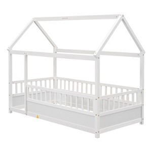 Cesicia Floor Wooden Bed with House Roof Frame, Fence Guardrails - 1 of 4