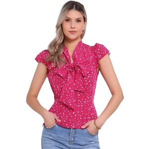 INSPIRE CHIC Women's Polka Dots Tie V Neck Flutter Cap Sleeve Blouse - 1 of 4