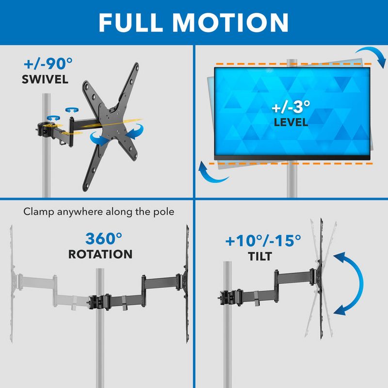 Mount-It! TV Pole Mount, Full Motion Bracket for TVs up to 55 in. | VESA Compatible | Articulating Arm w/ Clamp Mounting Base for Indoor & Outdoor Use, 3 of 10