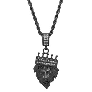 Steeltime 30" Men's stainless steel and simulated diamonds lion's head with crown pendant. Color Options: Silver, Gold, Black - 1 of 4