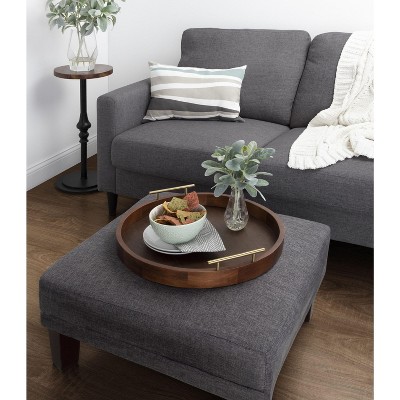 Walnut Brown Round Wood Tray with Gold Handles, 18"