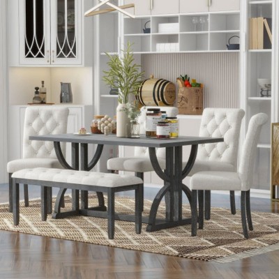 5-Piece Retro Functional Dining Table Set, Wooden Round Extendable Table and 4 Cushioned Dining Chairs