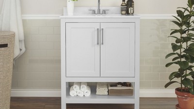 Gray Freestanding Bathroom Vanity with Carrara Marble Top and Ceramic Sink