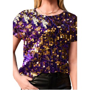 Anna-Kaci Glitter Sequin Tops Short Sleeve Sparkly Binding Shirt Blouse - 1 of 3