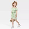 Girls Romper Flounce Squar Neck Belted Jumpsuit with Lace Trim Elastic Adjustbale Neckline Romper - 4 of 4
