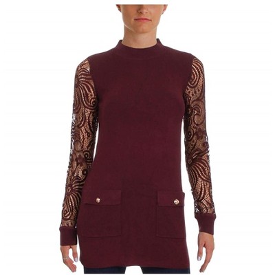 I.N.C International Concepts Womens Lace-Sleeve Knit Sweater, Red, X-Small