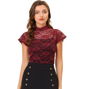 INSPIRE CHIC Women's Elegant Floral Lace Short Sleeve Keyhole Back Semi-Sheer Top - 1 of 4