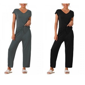INSPIRE CHIC Women's 2 Pcs Pajama Set Short Sleeve Top with Long Pants Modal Casual Lounge Sets - 1 of 4