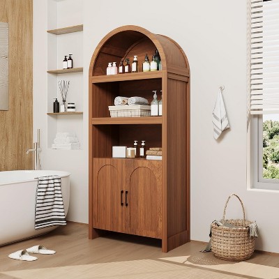 71in Tall Bookcase Arched Cabinet, Modern 5 Tier Bookshelf Mid Century Arched Display Cabinet Open Display Shelves for Office Dining Living Room