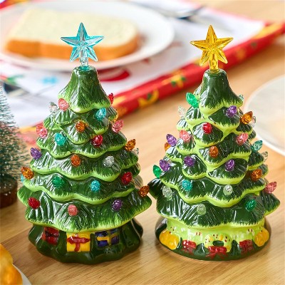JOYFY 2 Pcs 7" Ceramic Tabletop Christmas Tree with Candy and Gift Box Design, Mini Prelit Christmas Tree with Extra Top Star for Best Desk Decoration