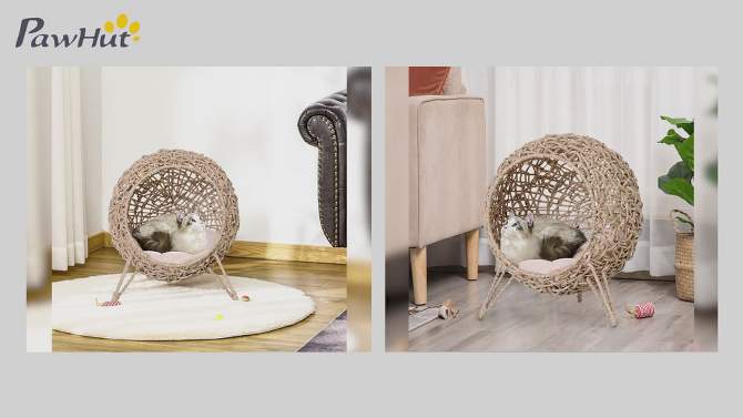 PawHut Rattan Cat Bed Elevated Wicker Kitten House with Cushion, Natural, 20.5" x 20.5" x 22.75", 2 of 8, play video