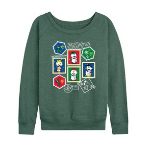 Women's - Peanuts - Christmas Stamps Lightweight French Terry Wide Neck Long Sleeve Graphic Shirt - 1 of 4