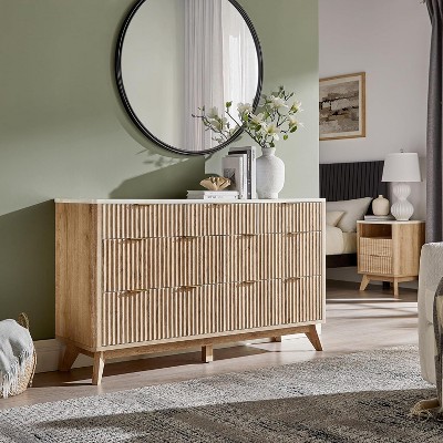 Fluted 7 Drawer Dresser, 54" Modern Dresser with Faux Marble Topped & Curved Design, Wooden Storage Organizerfor Bedroom, Living Room